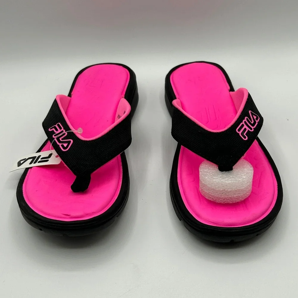 FILA Leana Girls Flip Flop Sandals Black Neon Pink Size 3 Athletic Beach NIB
